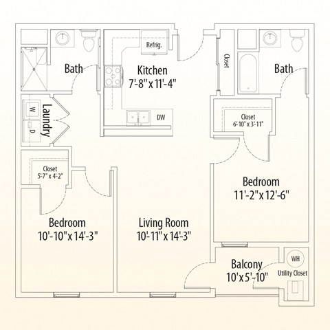 Floor plan for 2 beds, 2 baths, 934 sqft